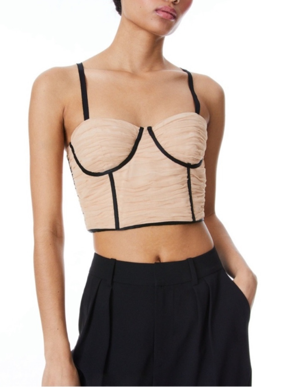 Alice + Olivia Beige Ruched Bustier Crop Top with Black Trim